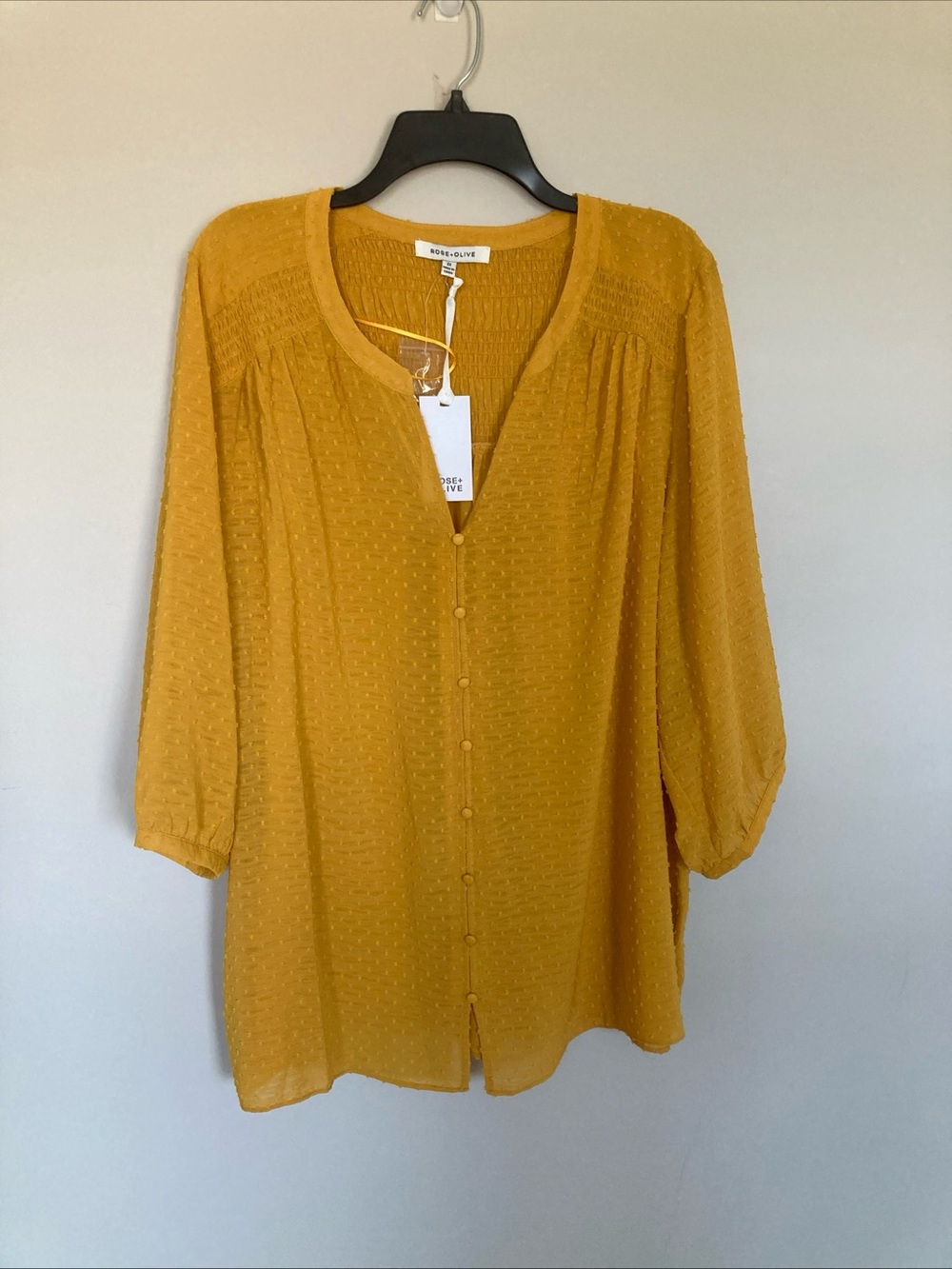Rose + Olive mustard yellow button-down top NWT 2X Swiss Dot Pattern 3/4 Sleeve